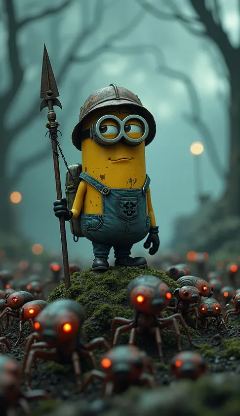 "Kevin, the iconic Minion from the famous Minions animated movie, is reimagined in a post-apocalyptic world overrun by grotesque mutant ants. Kevin, wearing torn explorer gear and holding a makeshift spear made of scrap metal, stands heroically atop a moun...