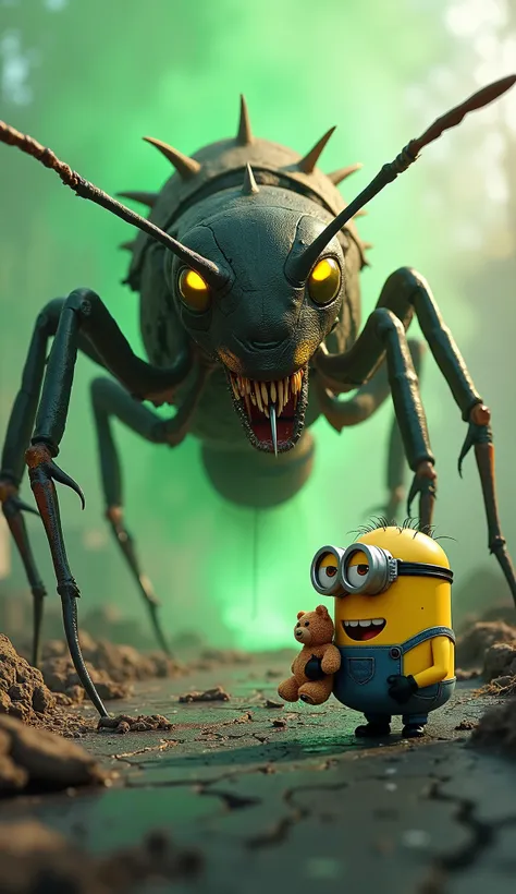 Bob, the lovable Minion from the famous Minions animated movie, is shown standing face-to-face with a colossal mutant queen ant in a ruined city. The queen ant towers over him, with massive spiked legs, glowing yellow eyes, and a gaping maw dripping with t...