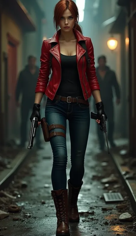 Create an ultra-realistic image of Claire Redfield from Resident Evil 2. She is depicted in her iconic red biker jacket, slightly worn from use, with a fitted black tank top underneath. Her dark blue jeans are practical, with a belt holding her holster and...