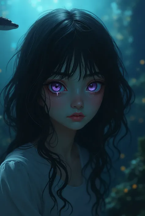 A  girl with dark skin, black hair in waves and beautiful teary purple eyes in the corner of an aquarium 