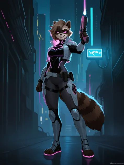Create an image of a female raccoon character named Nixie Raccoon. She has a mischievous, adventurous personality, with sharp eyes and a smirk that suggests she's always up to something. Her fur is a mix of dark grey and black with lighter accents on her f...