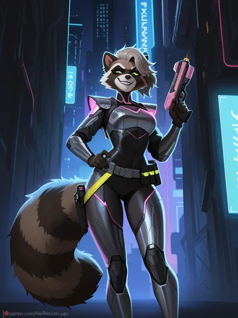 Create an image of a female raccoon character named Nixie Raccoon. She has a mischievous, adventurous personality, with sharp eyes and a smirk that suggests she's always up to something. Her fur is a mix of dark grey and black with lighter accents on her f...
