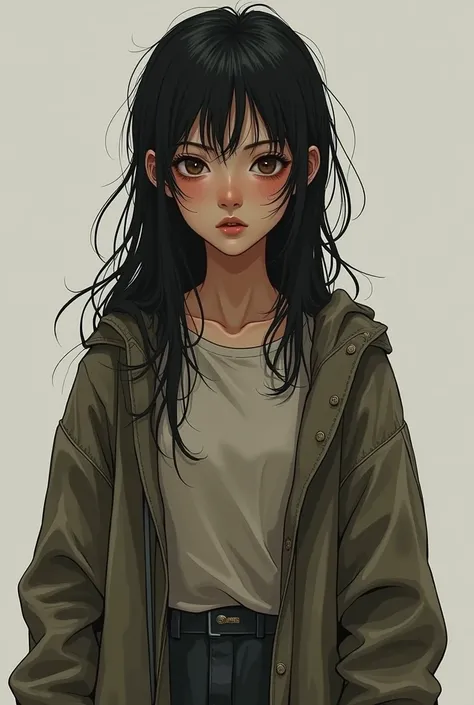 27yo Asian woman with long unkept black hair all messy,brown eyes, eye bags a scar on her left cheek dressed with a baggy long shirt with a long jacket over that,long baggy and dirty pants