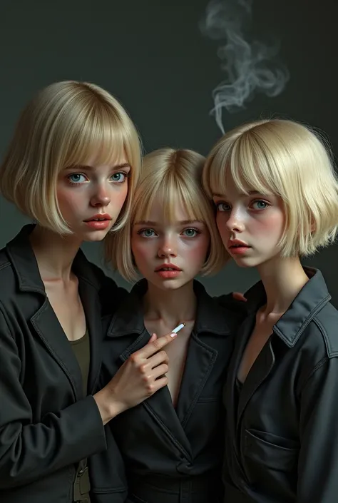  An image of three girls with blue eyes and short blond hair,  one must have a cigarette ,  the other normal with a smile and the other shy , that conveys being submissive 