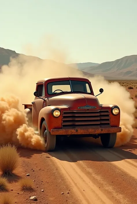  A completely rusty red pickup truck running at high speed on a dirt road gathering dust in the middle of the hinterland is raising dust and raising dust