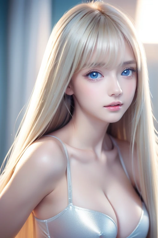 Unparalleled beauty,  white, glossy, and shiny skin, 目と目の間のbangs,  shiny straight beautiful platinum blonde, Super long straight silky platinum blonde hair,  eyeliner,  sexyで美しい無邪気な16歳, beautiful extremely bright light blue baby blue eyes in high definitio...