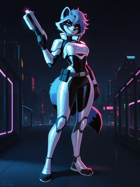 Create an image of a female raccoon character named Nixie Raccoon. She has a mischievous, adventurous personality, with sharp eyes and a smirk that suggests she's always up to something. Her fur is a mix of dark grey and black with lighter accents on her f...