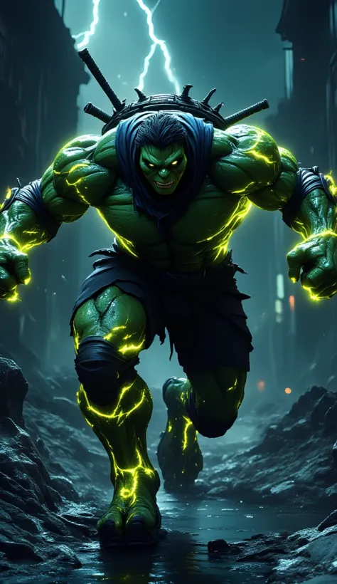 Mix ninja turtle with hulk, wearing a cool rolled up sleeve hoodie, neon yellow Glowing scary tattoo, sleeve tattoo, Cool background, the hulk movie, screen fit, running to left 