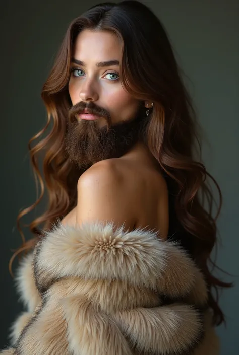 Ultra-Realistic, Precision portrait, a young american bearded woman, female face with a natural real brown beard and mustache, with brown long hair, wears massive animal beige fur, dress underneath down till luxury heel shoes, entire hairy shoulders expose...