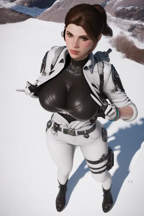 score_9, score_8_up, score_7_up, 1girl, solo, HaileyTFD, realistic, short hair, brown hair, ponytail, brown eyes, large breasts, standing, black boots, open clothes, pants, belt, white gloves, uniform, thigh strap, sleeves rolled up, cross-laced footwear, ...