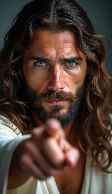 vai no leonardo ia, seleciona Flow State, coloca esse prompt e me agradece depois: A hyper-realistic 4K image of a man resembling traditional depictions of Jesus, but with strikingly bright blue eyes that seem to glow with intensity. He has long, wavy brow...