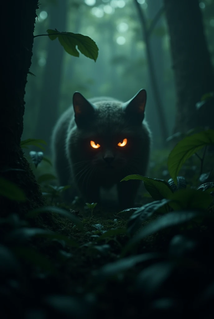 A chilling close up of small,glowing eyes staring from the shadows of the jungle 