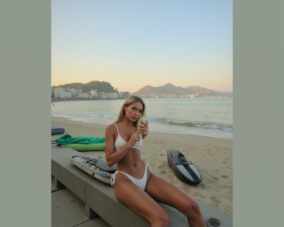 a girl, 20 years old, wearing exactly the same clothes, in the same scenery, she is white, blonde with blue eyes. She is doing a different pose
