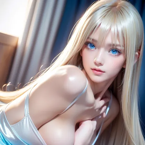 Unparalleled beauty,  white, glossy, and shiny skin, 目と目の間のbangs,  shiny straight beautiful platinum blonde, Super long straight silky platinum blonde hair,  eyeliner,  sexyで美しい無邪気な16歳, beautiful extremely bright light blue baby blue eyes in high definitio...