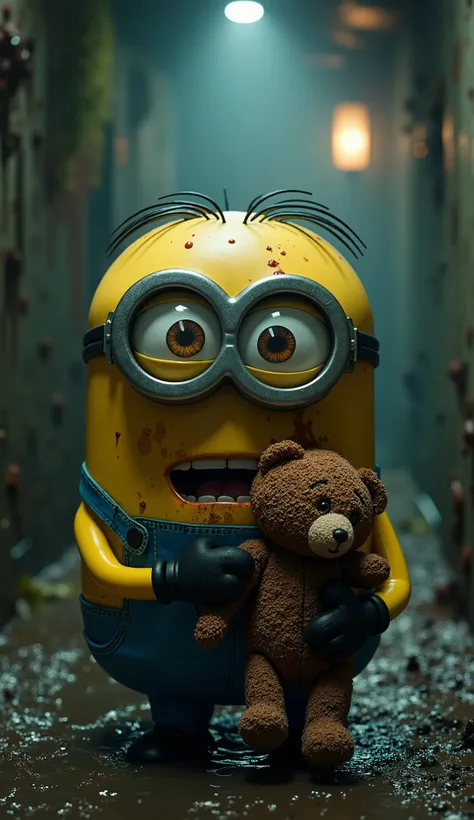 "Bob, the usually adorable Minion from the famous Minions animated movie, is now a horrifyingly unsettling figure in the deep, labyrinthine sewers. His expression is a mix of wide-eyed innocence and disturbing malice, with his teddy bear, Tim, clutched tig...