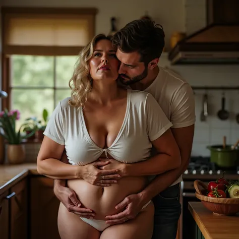 big breast mature 50 years middle aged sexy curvy women cooking in kitchen and handsome young man kissing her neck from back, showing big cleavage full body photo,wearing just tshirt