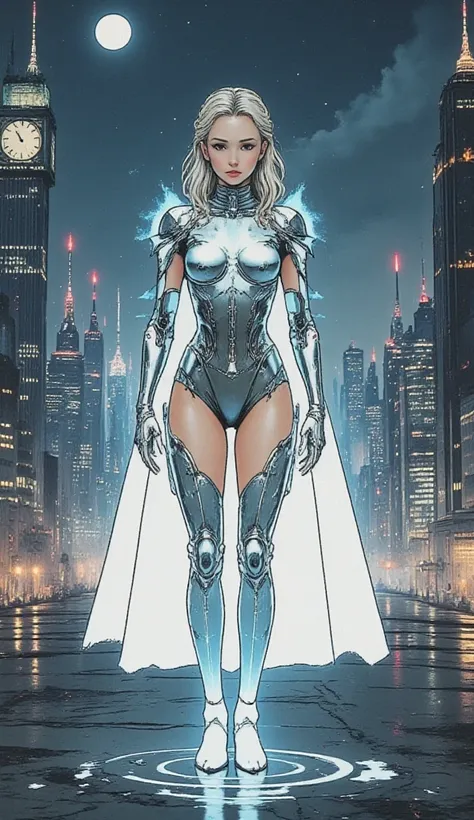 Cinderella stands as a bold and futuristic anime heroine in a shimmering cyberpunk warrior fusion suit. The suit is a stunning blend of metallic silver and sky blue, with glowing glass-like armor pieces on her shoulders, arms, and boots, evoking the feel o...