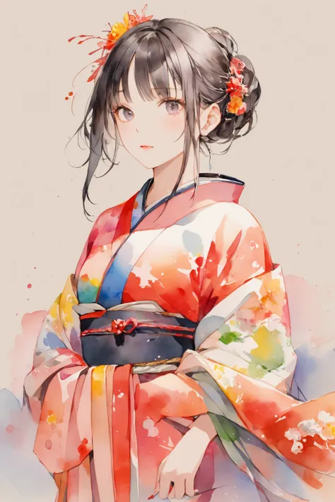 A woman in a kimono vividly painted in watercolor