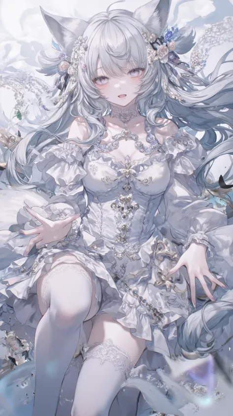 , Silver Haired, Long Hair, Blue Eyes, Fox Ears, Fox Tail, White Dress, Lots of Frills, White High Socks, Forcibly Big Penis, SEX, Seriously Drooling, Desperate Face, Extreme Image Quality