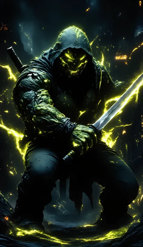 Mix ninja turtle with hulk, wearing a cool rolled up sleeve hoodie, neon yellow Glowing scary tattoo, sleeve tattoo, Cool background, the hulk movie, screen fit, big swords