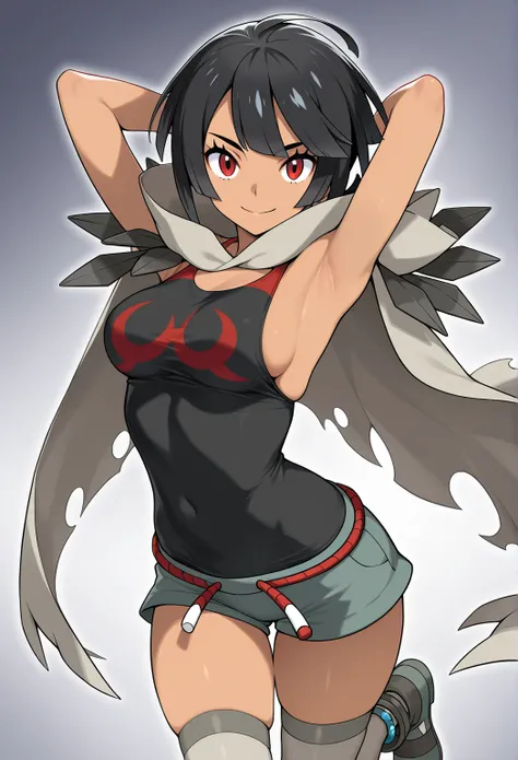 high resolution picture, masterpiece, best quality, amazing quality, official art, solo, 1girl, zinnia from pokemon, 1girl, red eyes, short hair, black hair, medium breasts, BREAK zZinnia, zinnia pokemon, red eyes, short hair, black hair, black shirt, grey...