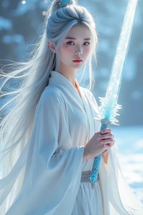  create a female character.
She is an ice cultivator ,  of Chinese culture. 

 She has long hair and flowing gray .
 Her robes are white and in her hand is a sword made of ice.