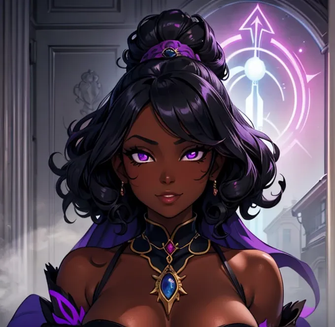 best quality,4k,8k,highres,masterpiece:1.2), ultra-detailed, mature ebony-skinned female, ethereal features, hourglass figure full body, vibrant violet eyes and jet black curly hair. Fae. Dark skin 1.7, DarkChocolate skin 1.8. Black skin 1.7. Dressed in a ...