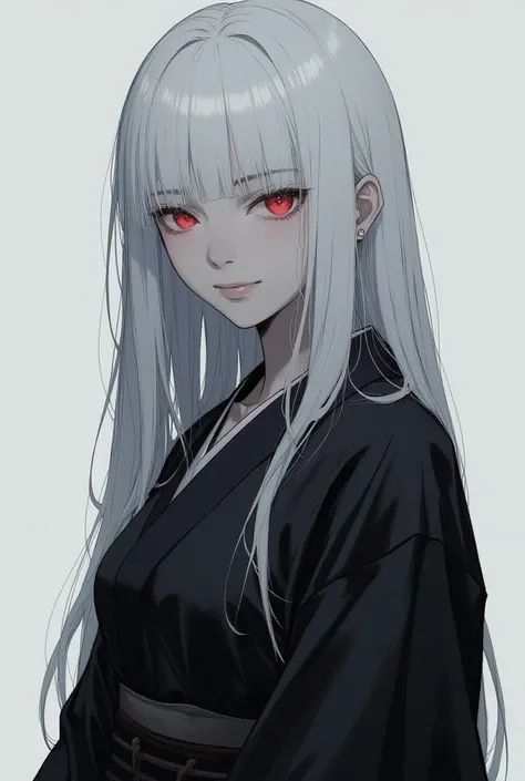  a woman with long white hair ,She's a vampire,she has white skin, she wears a black Japanese kimono, her eyes are deep red ,She doesn't wear shoes ,she has white skin ,She represents a very strong person, She has an emotionless face with a calm and seriou...