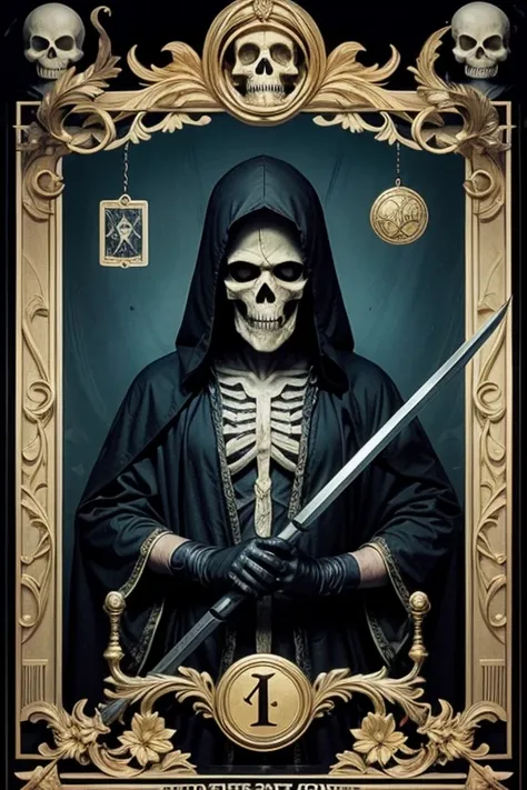 Skull of Death with scythe medieval tarot illustration