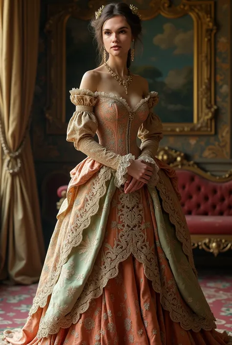  a woman in a pink dress standing in a room, intricate victorian dress,  in Victorian aristocrat dress , Aristocratic Clothing, victorian dress,  Victorian style costume , Rococo Queen, wearing noble clothing , dress in the rococo style , ornate royal dres...