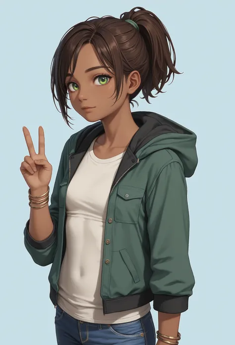 masterpiece, best quality, amazing quality, very aesthetic, absurdres, newest, 1girl,  bhadraf, brown hair, short hair, ponytail, dark skin, dark-skinned female, green eyes, hoodie, jacket, jeans, pants, hood down, bracelet, shirt, upper body, standing, lo...