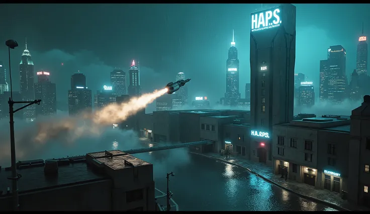 A cinematic wide shot captures a glowing **cyan-tipped missile** streaking through the rain-soaked night sky, its fiery **orange exhaust trail** carving a sharp arc through the misty air.  

Below, the **H.A.P.S. prison complex** dominates the frame—a mass...