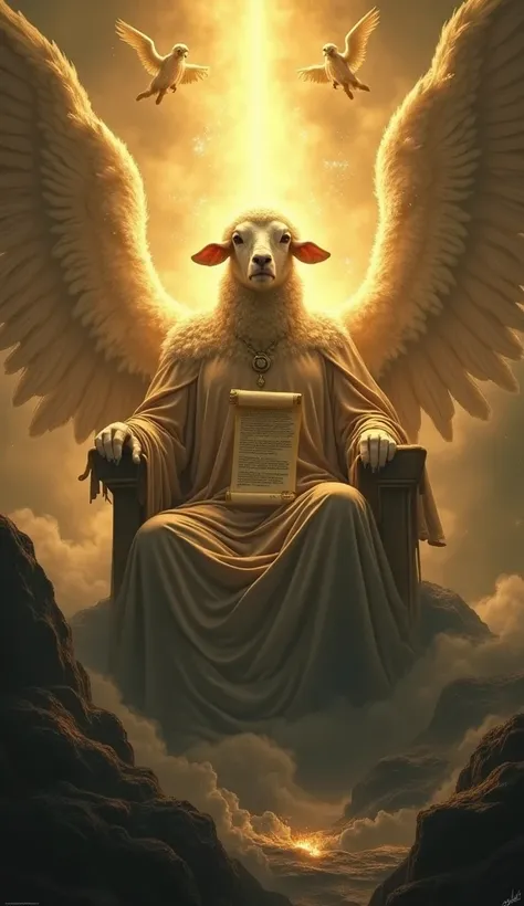 A divine representation of the Lamb of God seated on a glowing throne amidst a stormy apocalyptic background. The Lamb radiates golden light, holding a sealed scroll in one hoof, with seven seals glowing faintly. Around the Lamb, angels hover in reverence,...