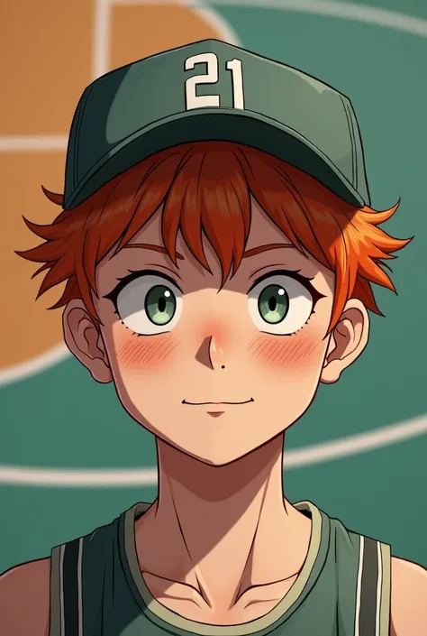 Fond terrain de basketball) Photo centered on the head 21-year-old boys redhead brown freckle cut cap with gray green eyes small lip manga theme 
