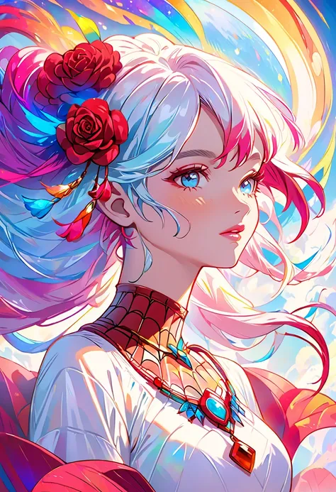 Close-up of a woman with  colorful hair and necklace,  cosmic haired anime girl , The soft vitality of rose rose, Gubes-inspired artwork,   fantasy art style  ,  colorful],  vivid fantasy style, Ross draws vibrant cartoons, cosmic and  colorful, Gwaiz,  co...