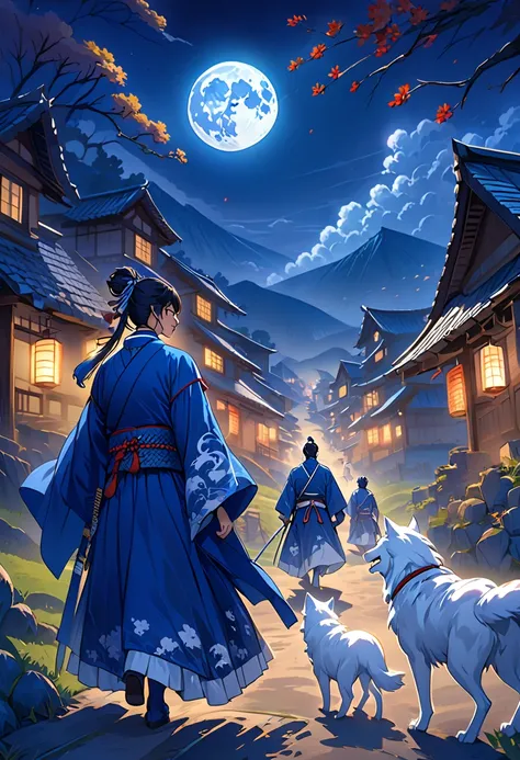 Blue Samurai, Ghost,  walking through a haunted village with wolves,  night sky ,  full moon,  is present, Full HD,  top quality