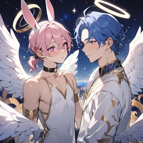 ,  boy angel々）cute boy, pink eyes, star shaped choker, (masterpiece, highest quality), greek art, beautiful and aesthetic: 1.2), (1 boy), very detailed, ( starry night art: 1.3), blue gold colorful、pink short ponytail hair、 half body, rabbit ears, white ou...