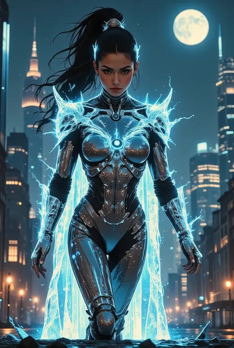 Cinderella stands as a bold and futuristic anime heroine in a shimmering cyberpunk warrior fusion suit. The suit is a stunning blend of metallic silver and sky blue, with glowing glass-like armor pieces on her shoulders, arms, and boots, evoking the feel o...