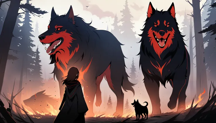 a forest background, 1 very short very young female with a black demonic fiery hellhound pup with red eyes next to her and two giant hellhounds around those two, the very young girl has brown hair and red eyes, mysterious, mist, zoomed out, girl far in the...