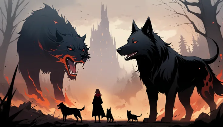 a forest background, 1 very short very young female with a black demonic fiery hellhound pup with red eyes next to her and two giant hellhounds around those two, the very young girl has brown hair and red eyes, mysterious, mist, zoomed out, girl far in the...