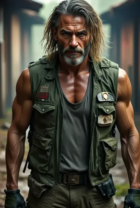 ((full body)), ((4k)), a 50 years ((strong)) fair old man, wearing glasses, dirty, ragged andd swety vests, ((long hair)), ((millitary doctor)), ((the walking dead universe))