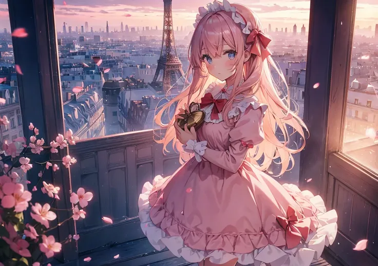 A beautiful girl standing in front of the Eiffel Tower at sunset, holding a heart-shaped box of chocolates. She wears a pastel pink dress with abundant ribbons and lace, her hair softly curled and adorned with a red bow. The atmosphere is dreamy and romant...