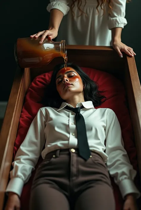 A dead woman dressed in a white shirt and black tie and dark brown jeans lies in a coffin. Another woman emptied a vase full of brown water on her face.