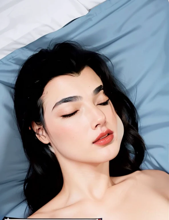 (best quality, masterpiece:1.2) 2girls woman in her 40 years, (realistic:1.5), wonder woman as gal gadot, (closed eyes:1.2), red lips, black long hair, (white bedsheet:1.2), (blue pillow:1.5), nude, french kiss