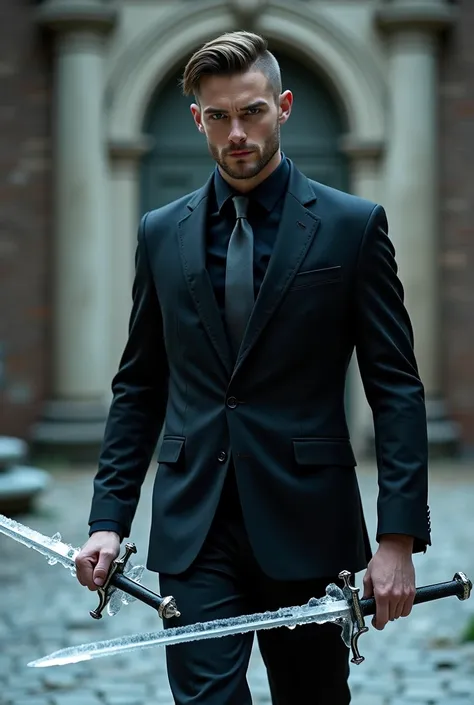 Handsome white man in his 30s with shoulder-length hair with shaved beard , tall and muscular dressed in a three-piece tailored black suit with black shirt and gray tie , wielding a long sword wrapped in ice , Cutting a dark being in an abandoned mansion  