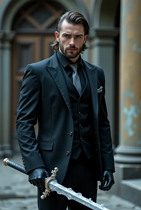 Handsome white man in his 30s with shoulder-length hair with shaved beard , tall and muscular dressed in a three-piece tailored black suit with black shirt and gray tie , wielding a long sword wrapped in ice , Cutting a dark being in an abandoned mansion  