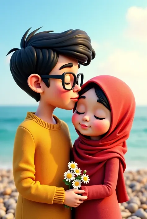 3d disney character. Girl Hijab Floral . dressed in a red sweater.The faces of the boy and the girl appear to be wrapped from the side of the boy. Girl Peaceful With Eyes Closed, men's yellow sweater with glasses on the left, boy kisses on the cheek wrappe...