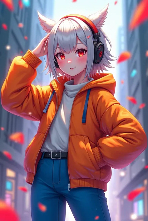 anime wearing an orange jacket, headphones, blue pants, red eyes, and grayish white hair