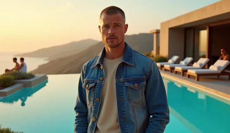 "A striking image of a young Brad Pitt lookalike with golden blonde hair styled in a buzz cut, standing by a glowing infinity pool at sunset. His piercing blue eyes reflect the soft, ambient lighting. He is dressed in a blue denim jacket, beige sweater, bl...