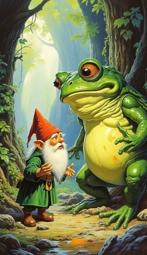 a gnome with a red pointy hat, green clothes and brown boots, talking to a large green frog